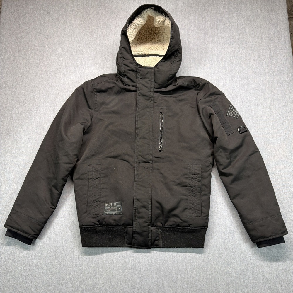 Y2K Hollister Jacket Coat Mens Small Black Sherpa Hooded Zip Up